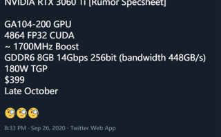 英伟达RTX 3060 Ti参数曝光：性能接近2080 SUPER