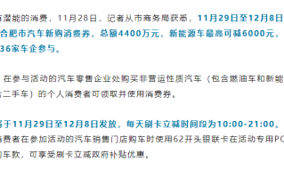 合肥准备购车有福了！今天起发放购车消费券，更高立减6000元